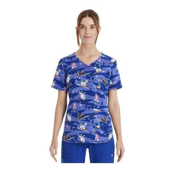 Scrubstar Scrub Top Shirt XL Women Chillin Christmas Winter Bear Blue Pockets - Picture 1 of 5